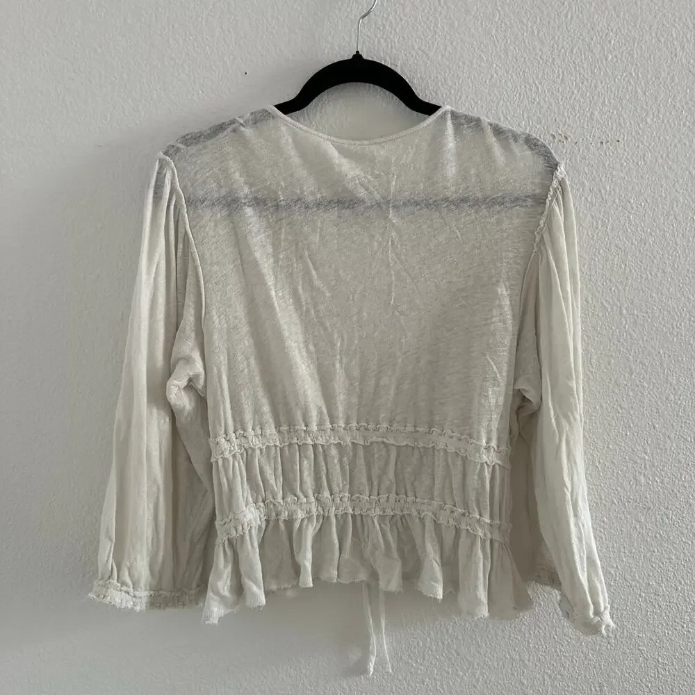 Free People Let's Go Linen Blend Tie Front Jersey Blouse in Ivory Size Large